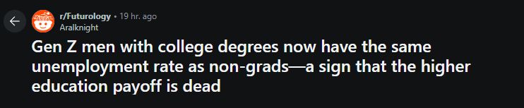 A screenshot from the r/Futurology subreddit with a post headline that says: "Gen Z men with college degrees now have the same unemployment rate as non-grads--a sign that the higher education payoff is dead"