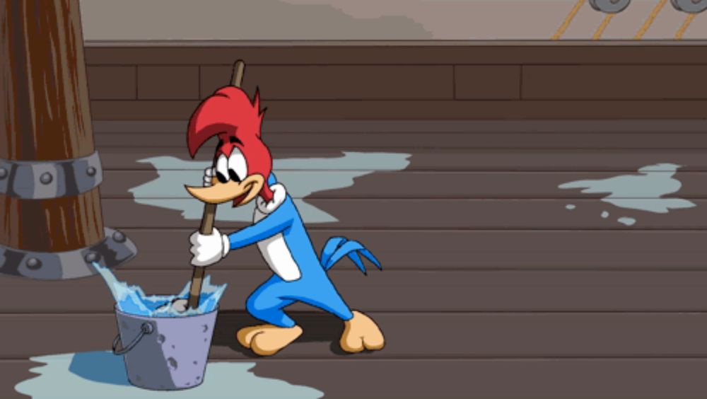 woody woodpecker is cleaning the floor with a mop