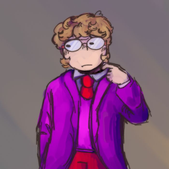 Muko wearing a red and pink suit based on his usual outfit. He is awkwardly looking away from the viewer and tugging at his shirt collar.