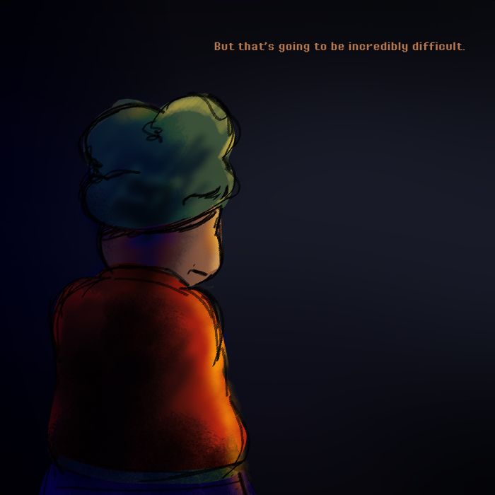 Bimpe again, this time turned around so the viewer can see his face. She has a pensive expression. Caption reads: “But that’s going to be incredibly difficult.”