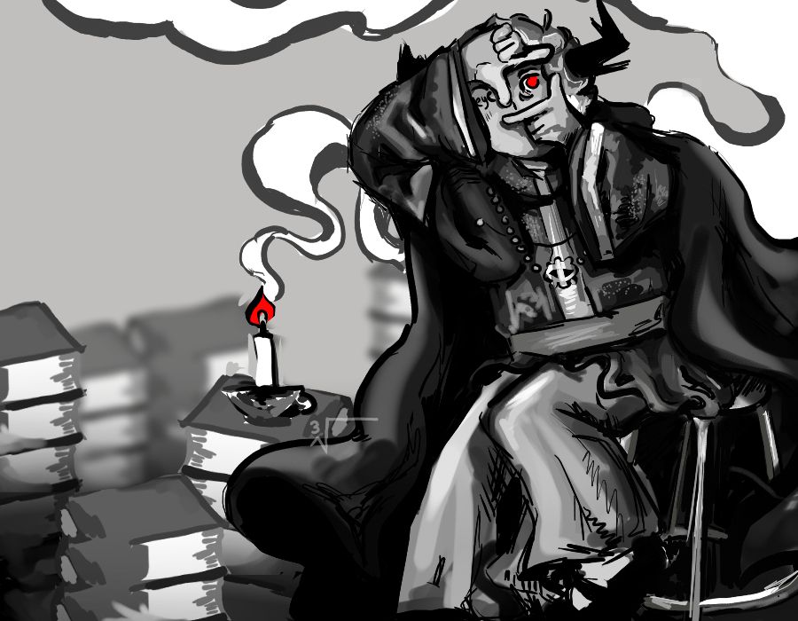 An Antimony Matthason drawing inspired by the MV for the song "God-ish". He is sitting on a stool, framing his eye with his hands. There's smoke behind him, coming from a candle on top of a stack of books.
