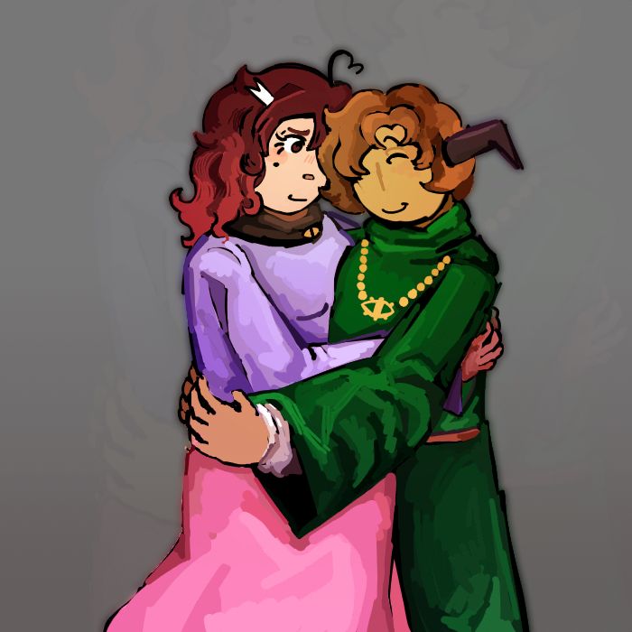 eon (oc by roseatebug.neocities.org) and matthason hugging. they’re both smiling. matthason’s eye is closed and eon is looking at him fondly.