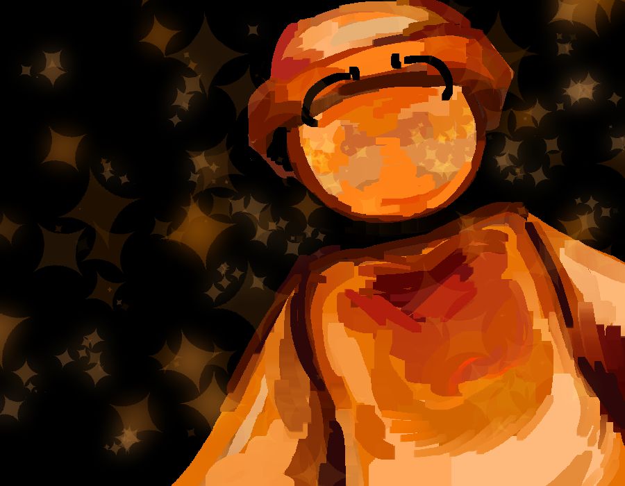 drawing of genesis [oc] from the waist up, looking towards the viewer with her eyebrows raised in surprise. the background is black with large orange stars.