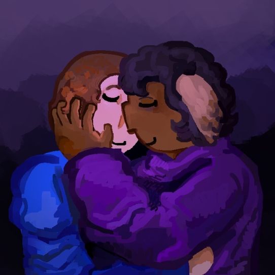 drawing of dave and madden hugging. they both have their eyes closed and look peaceful. madden's hand is on the side of dave's face.