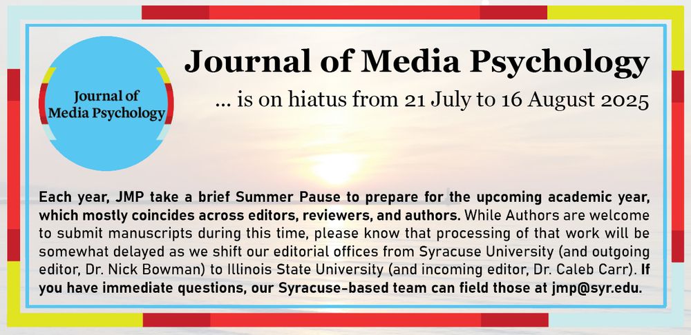 Each year, JMP take a brief Summer Pause to prepare for the upcoming academic year, which mostly coincides across editors, reviewers, and authors. While Authors are welcome to submit manuscripts during this time, please know that processing of that work will be somewhat delayed as we shift our editorial offices from Syracuse University (and outgoing editor, Dr. Nick Bowman) to Illinois State University (and incoming editor, Dr. Caleb Carr). If you have immediate questions, our Syracuse-based team can field those at jmp@syr.edu. 