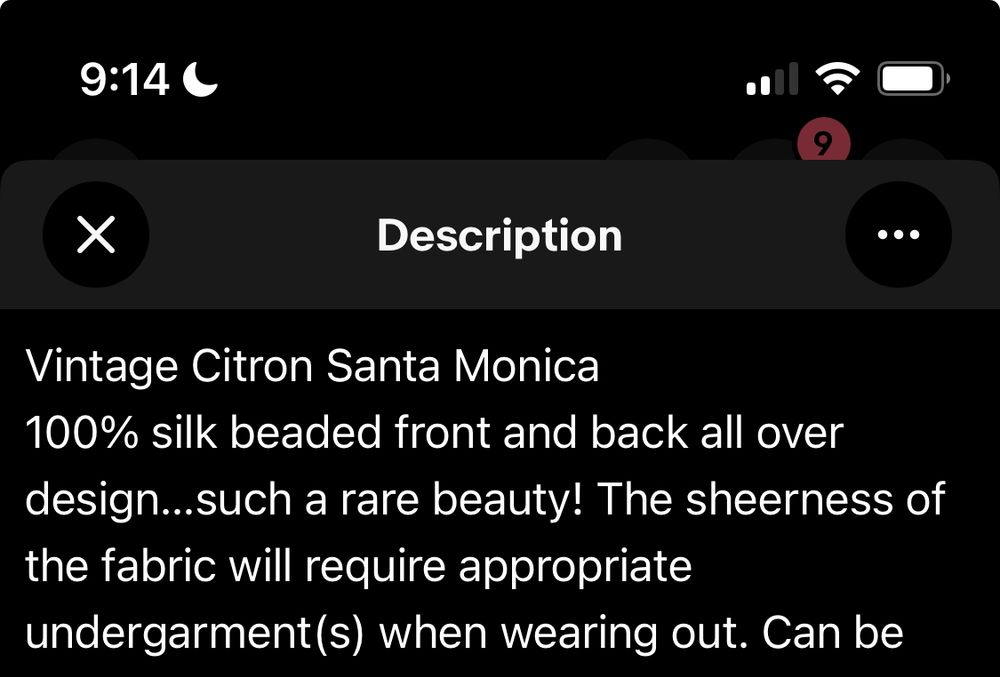 
Description
• • •
Vintage Citron Santa Monica
100% silk beaded front and back all over design...such a rare beauty! The sheerness of the fabric will require appropriate undergarment(s) when wearing out.