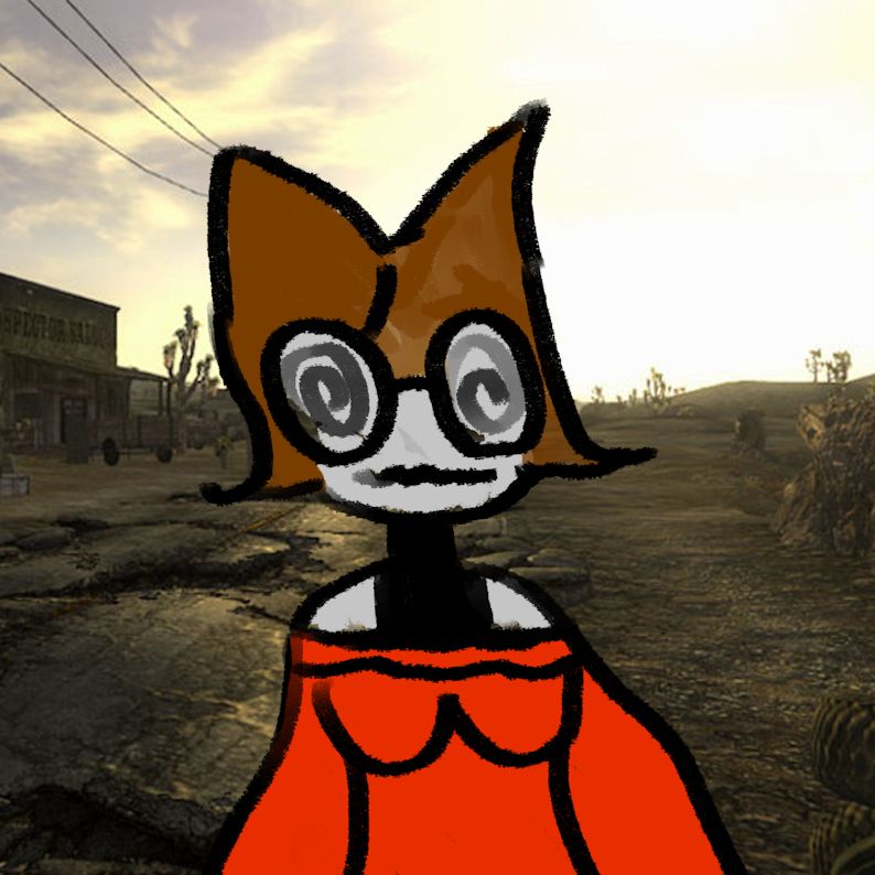 drawing of my brown hair and red cloathed vtuber model in the fallout new vegas starting area