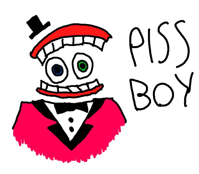 drawing of Caine from the amazing digital circus with "piss boy" in big writing next to him