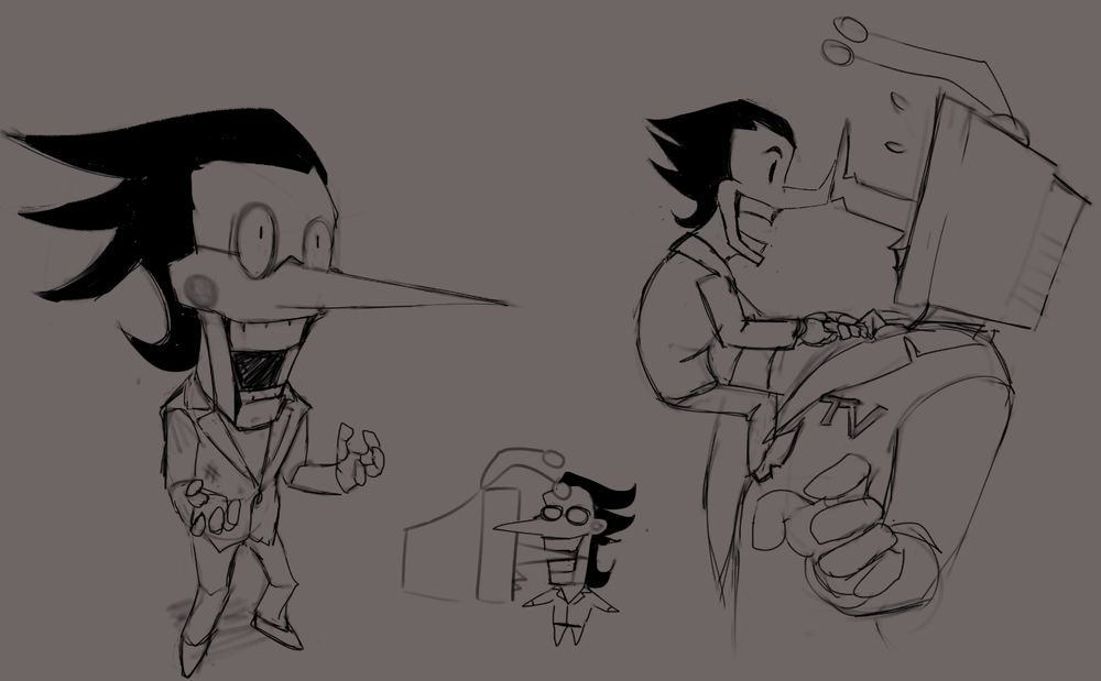 more spamton sketches. one is of big shot era spamton climbing onto tennas chest, grabbing tennas tie. their noses are pressed together. there is a doodle of spamton biting onto tenna's nose.
