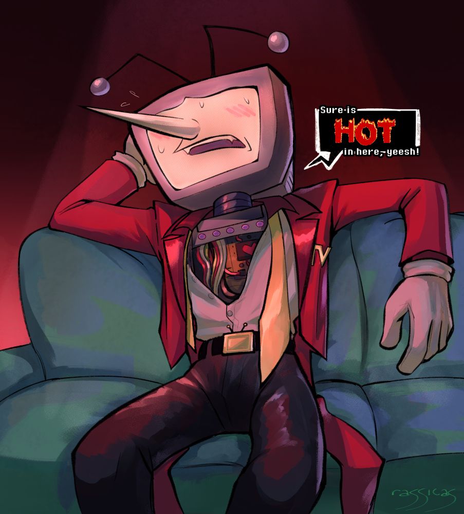 painting of tenna leaning into a blue couch. his shirt is unbuttoned to reveal his chest, which has a tape player, some buttons, and a mess of wires. he's saying "Sure is HOT in here, yeesh!"