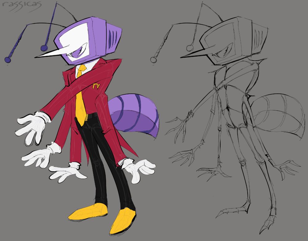 tenna from deltarune with 4 arms and an abdomen like an ant. theres two drawings of him in the exact same pose, one with clothes, one without, revealing an insect like exoskeleton underneath