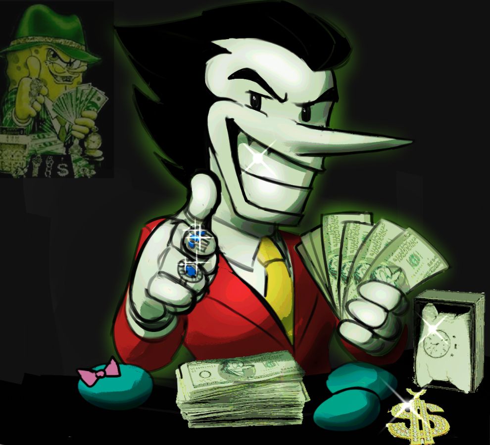 big shot era spamton, parodying a certain gangster spongebob image. he has a shining shit-eating grin, giving a thumbs up with a hand adorned with 2 rings (the wedding ring and the big shot fantasyship ring from the sweepstakes) and fanning some dollar bills (kromer). on the table in front of him there are 3 pipis, more kromer, and the watch from the spamton sweepstakes.