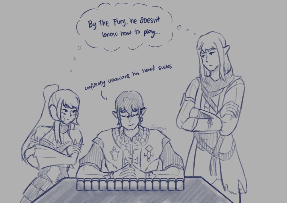 Drawing of three characters, on the left is the user's au ra Warrior of Light (Iris), in the middle is Aymeric de borel in his alpine coat, and on the right is Estinien Varlineau in his expeditioner's coat. In the middle of the photo is a mahjong table and a closed hand of 14 tiles (he will throw one). There is a thought bubble shared between Iris and Estinien, thinking to themselves, "By the Fury, he doesn't know how to play", and a comment above Aymeric saying that he is "confidently unaware his hand sucks".