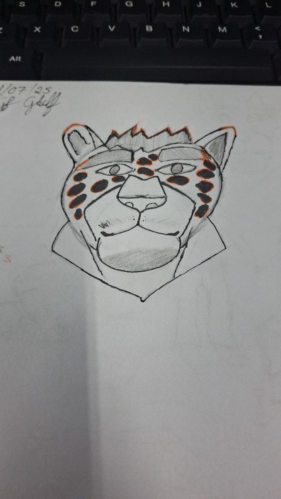 (3/4) Trying to draw my fursona head with pencils and colored fineliners.