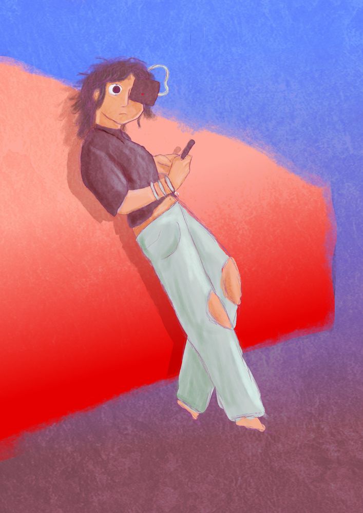 digital painting of a girl with a cyberpunk eyepiece leaning against a red wall in a blue void. she's wearing a black crop top and teal jeans. she has short ragged hair and is looking at the viewer with an ambivilent expression