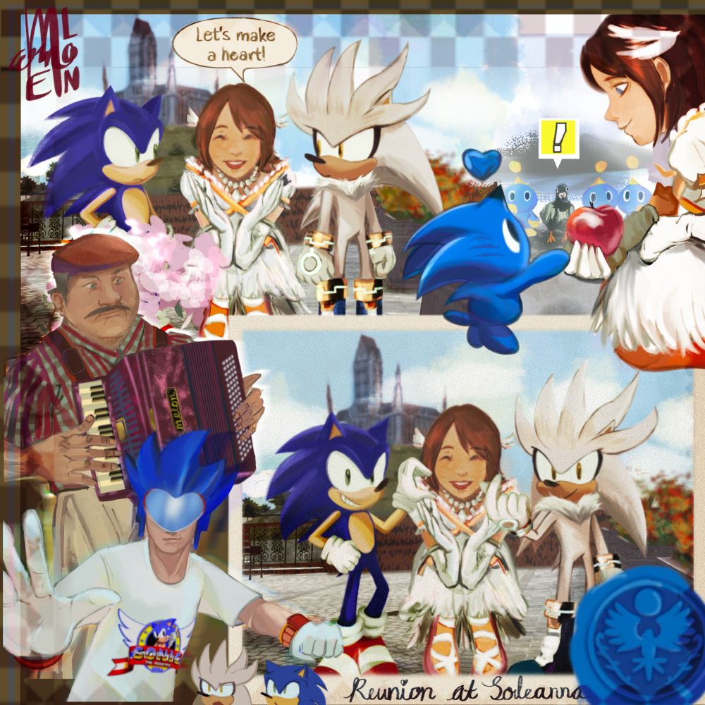 a collage of sonic 06 characters. including the accordion man, sonic man, elise, hatsun the pigeon, silver the hedgehog, and sonic the hedgehog.

there are also imagery and backgrounds reminiscent of soleanna. elise, silver and sonic take a group picture together.
elise feeds a sonic chao an apple.
sonic man poses valiantly, silver looks unimpressed, sonic looks intrigued.
the accordion man plays his accordion.
