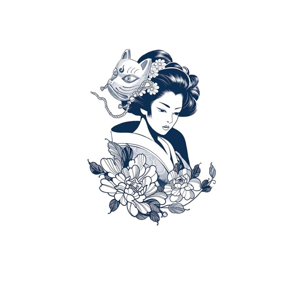 Woman In Kimono With Mask Flowers Flower Tattoos Sale - Kobench Shop