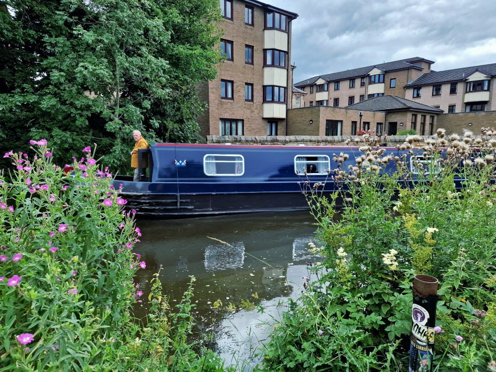 A man stands at the front of a canal boat and stares at the camera, eyes burning through the back of your head. The canal boat glides along the Union canal in Edinburgh, past flowers and a pole on the near bank, with blocks of flats, grey cloudy Scottish sky and trees in the other side