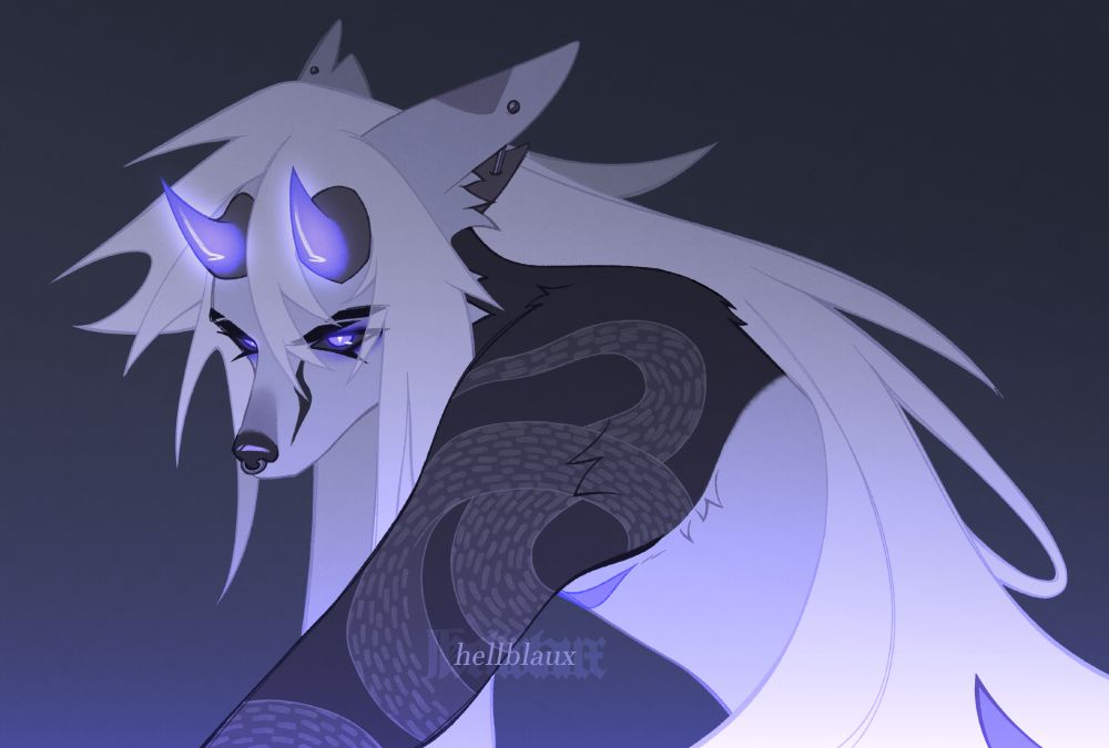An illustration of a anthropomorphized kitsune. They are leaning forward and to the left of the viewer with a determined look on their face as their horns and eyes glow purple.