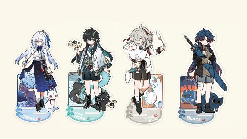 Image of four Honkai: Star Rail official merchandise kitty series standees in order of: Jingliu, Dan Heng, Jing Yuan and Blade