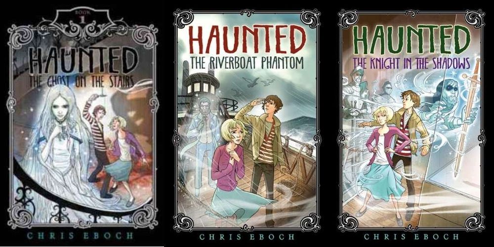 three book covers from the Haunted series by Chris Eboch each show a young teen boy and girl with a ghost