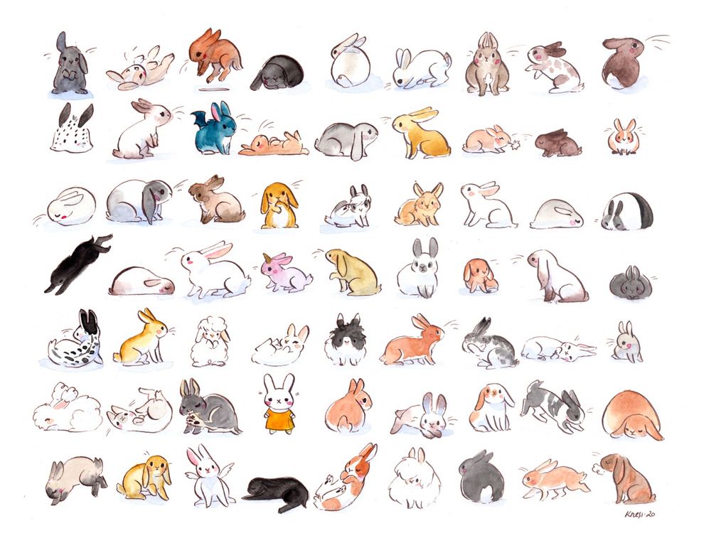 Watercolor painting of 63 little bunnies in a grid like pattern they’re all unique 