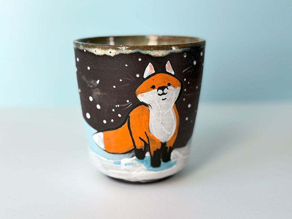 Handmade Cup, black stoneware and a fox in the snow illustration 