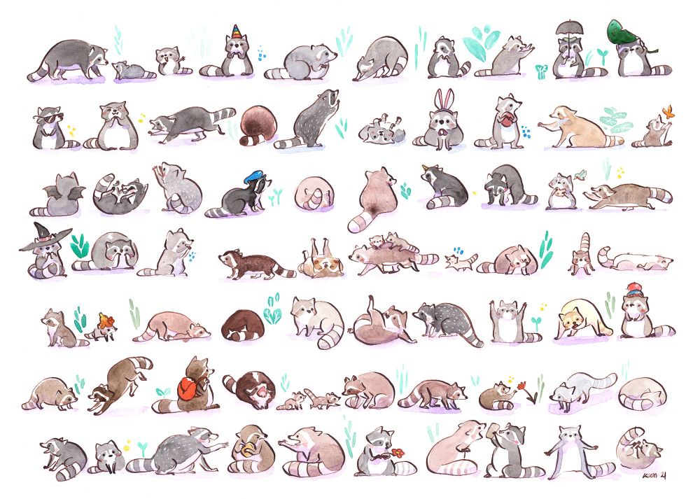73 raccoons painted in watercolor as a pattern where each one is different 