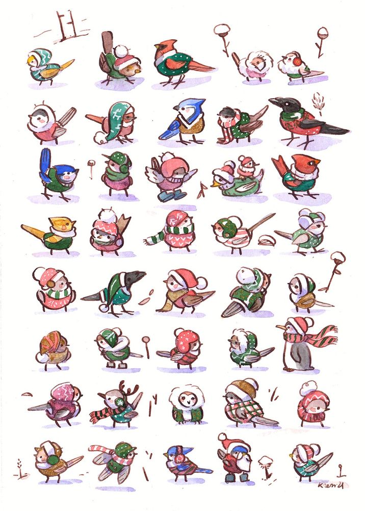 41 adorable cozy little birds in scarves, hats and sweaters, painted with green and reds watercolors, in a grid. 