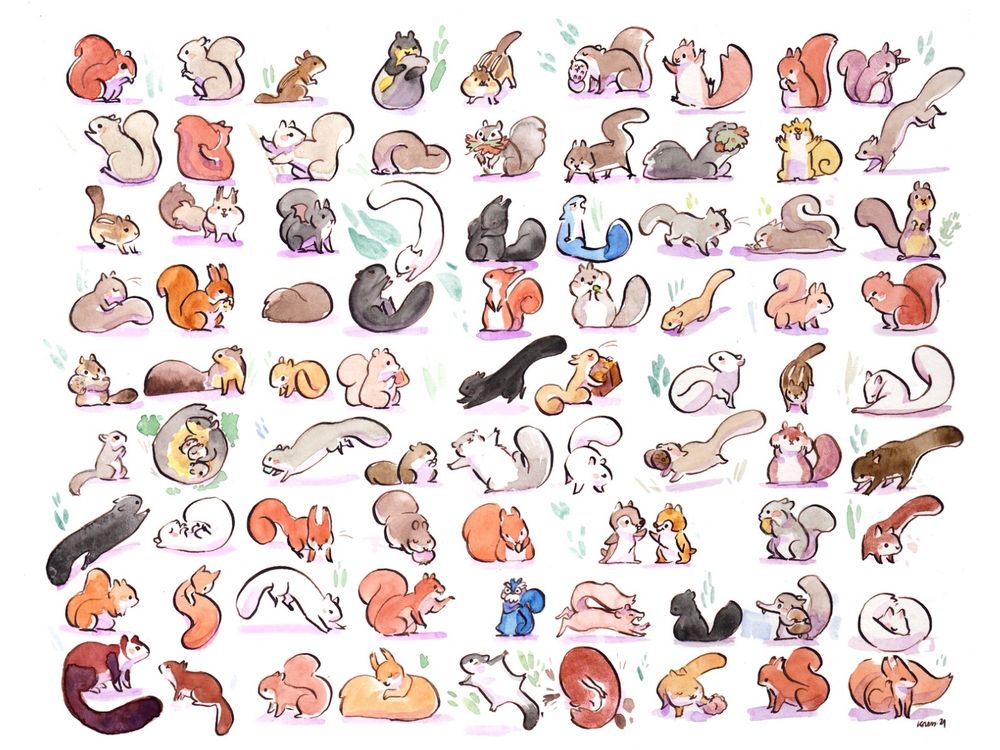 Watercolor painting of 81 squirrels 🐿️ in a grid 