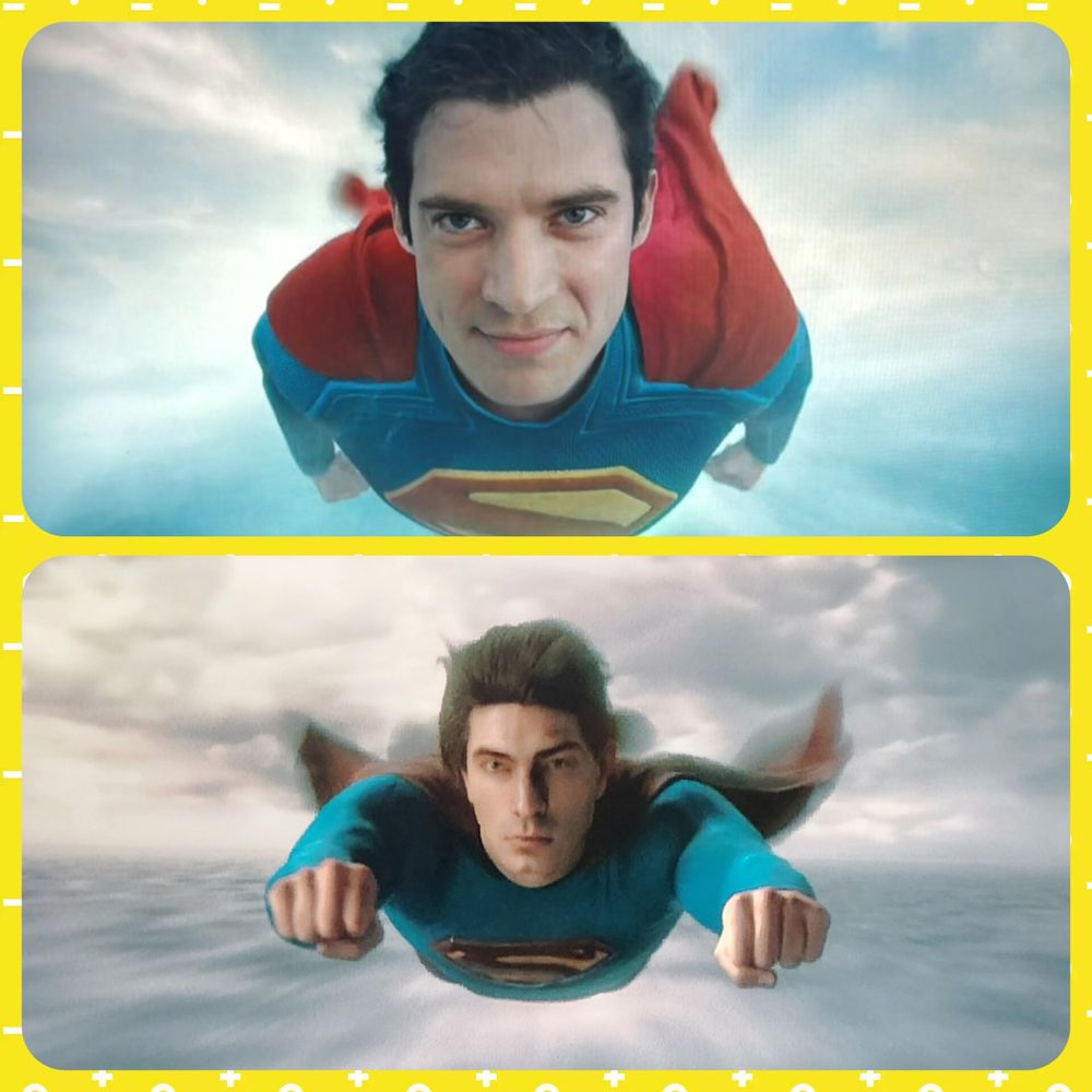 Two versions of Superman flying right at the camera. One charming, one nightmarish!