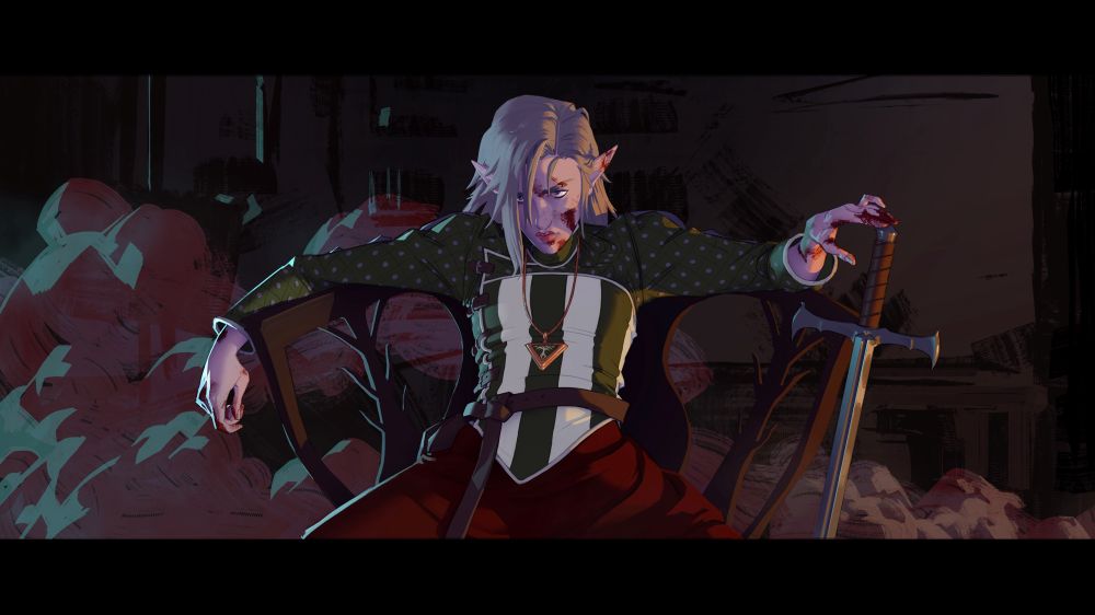 a young half drow woman wearing a decorated gambeson and red skirt is slumped slightly in a large chair, she looks somewhat disheveled and has blood splatters on her.  