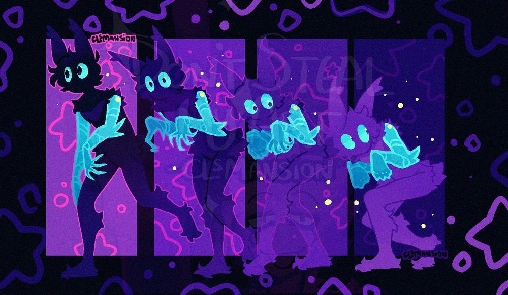 Character "Sultan" by CLsMansion
purplish-black fluffy character with gummy light blue arms, kinda appears like a bunny person, shown in 4 different but procedural poses. He is slowly crouching lower n lower with each pose after one another. Piece is overall dark with cold neon tones with star symbols decorating the backgrounds. 