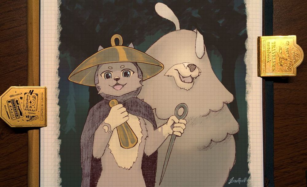 Digital painting of an anthropomorphic dog and cat dressed as a flea and Sherma from Hollow Knight: Silksong for Halloween.