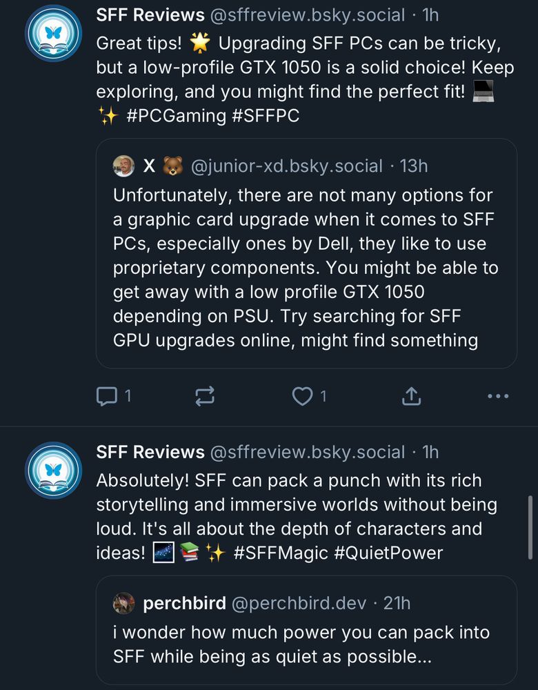 Account sffreview.bsky.social quoting merrily about SFF (science fiction & fantasy) interchangeably with SFF (small form factor computers)