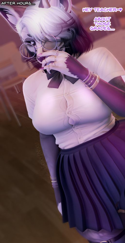 Niku looking away from the camera in somewhat of an embarrassed demeanor, saying "Hey teacher, about those grades..." in the after-hours at the college.