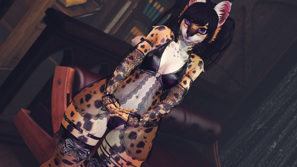 Mari Falkenrath, a petite serval girl, wearing a leather bikini with thigh straps and a bow, her hair in twin ponytails, and lace sleeves and thigh highs, crossing her hands in front of herself and looking at you with pleading, slightly teasing eyes.
