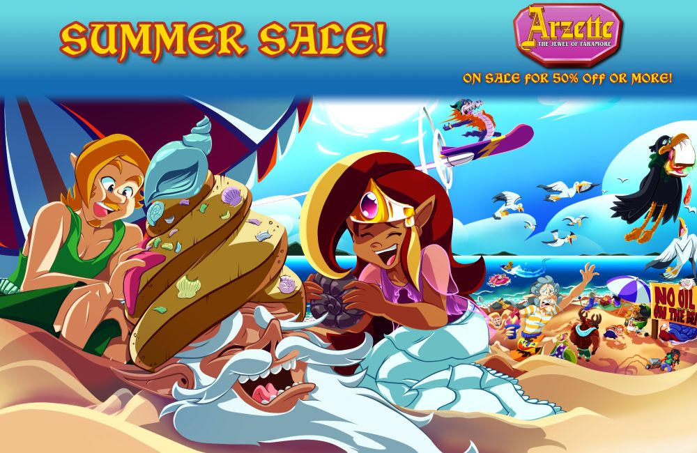 An illustration of characters from Arzette: The Jewel of Faramore featured in a summer time beach setting. The characters are enjoying fun in the sun and engaging in various beach activities.

Illustration by Gabriel Luis Fernandez.