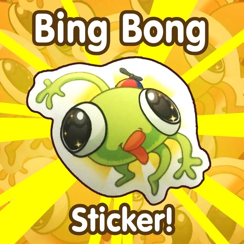 A picture of Bing Bong from PEAK as a sticker with yellow rays around them and the words "Bing Bong Sticker!" are above and bellow them.