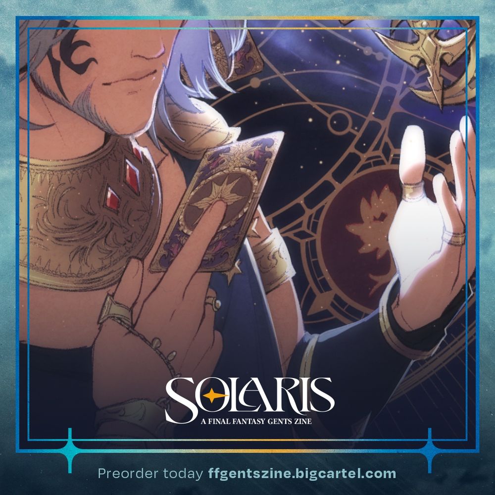 Cropped artwork preview of a mysterious final fantasy gent shown from the nose to his shoulders. Shoulder length grey hair is visible, along with a very particular black symbol on his cheek. He is decked out in a thick golden neck ornament and wears gold rings. He has a tarot card in one hand and wields something glowy and floating in the other.