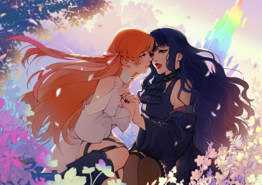 Digital artwork of Ryne and Gaia from Final Fantasy 14 sitting together among trees and flowers with a tall rainbow crystal glowing in the background. The girls’ hair is flowing in the breeze as they clasp hands, their noses almost touching. Ryne is smiling sweetly at Gaia, while she dreamily eyes Ryne’s lips.