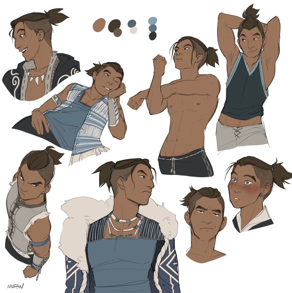 Coloured sketchpage of Sokka from Avatar the Last Airbender with a colour palette at the top. A slightly older Sokka is shown in various emotions from different angles: headshots of him looking joyful, surprised and blushing, and a flat expression where he is completely done with life. Several half body sketches also show Sokka wearing an array of water tribe clothing while looking serious and battle-ready, casually stretching, and also a little flirty.