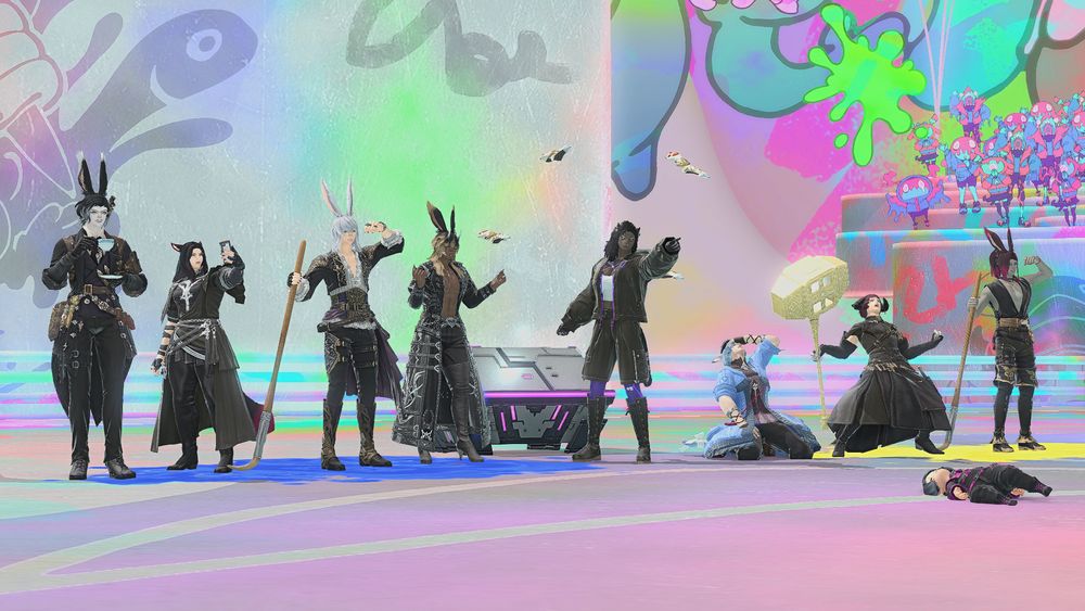 My static lined up with Sugar Riot passed out in front of them. We are doing various poses.