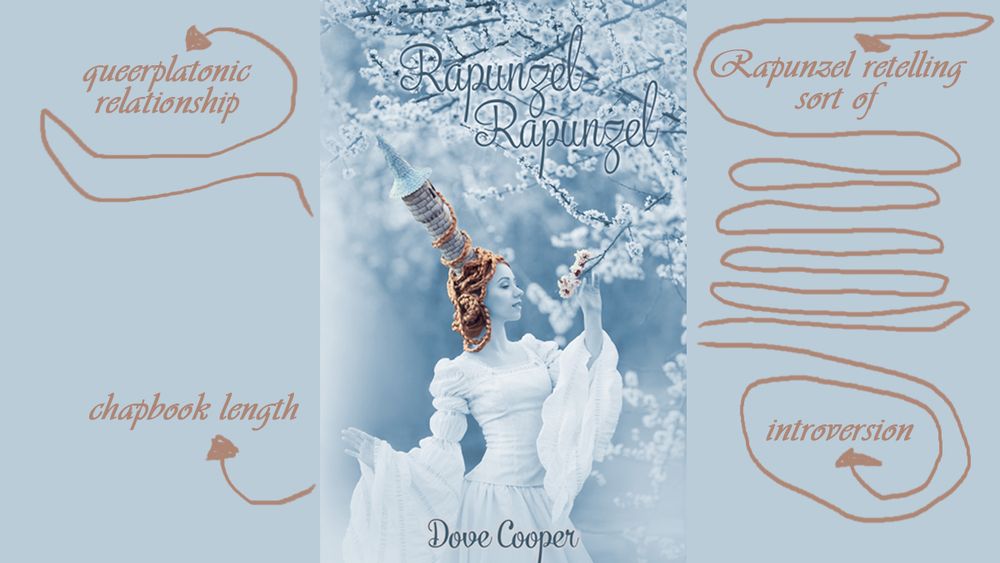 An handdrawn, artisanal arrow-style promo graphic for Dove Cooper's Rapunzel, Rapunzel.

- queerplatonic relationship
- chapbook length
- Rapunzel retelling (sort of)
- introversion