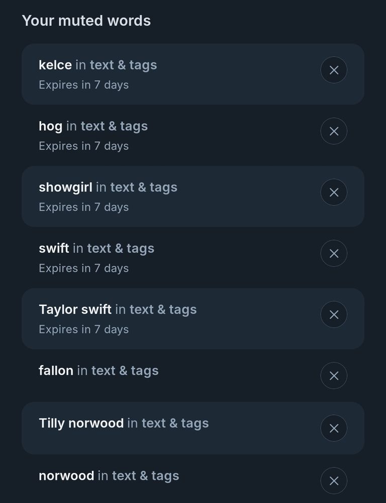 A moderation list attempting to stop discussion of Travis kelce's hog, showgirls, or Taylor swift.

Also mutes mentions of Jimmy Fallon and the computer program with a human name that is in the news for reasons, likely to be the next big MAGA star. 