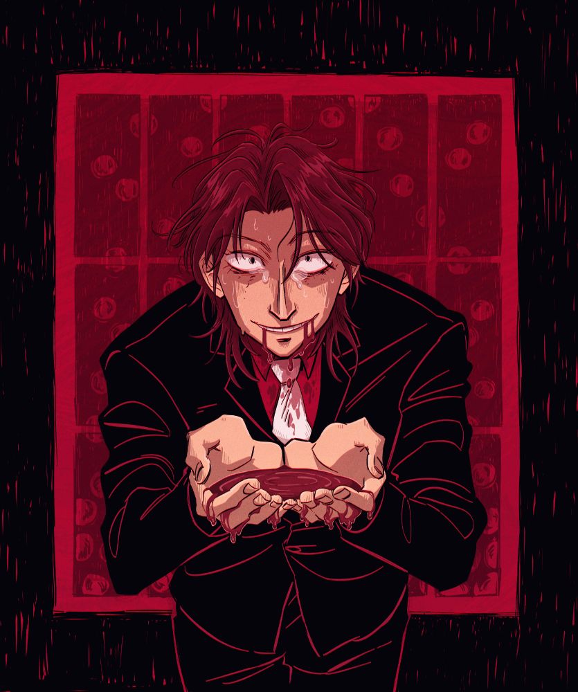 A digital illustration of Ichijou Seiya from Kaiji leaning forward with his hands cupped with his palms holding a pool of wine. His eyes are wide and looks straight to the viewer and has tears welled in the corner of them, but he holds a forced smile on his face as wine drips from his mouth. His tie and collared shirt are stained with wine. The background has deep red panels with falling pachinko balls in them, and also a black border. 