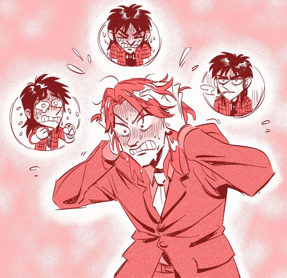 A digital drawing of Ichijou Seiya, he holds his head with both hands, his hair a mess, and a grimace on his face as he sweats and blushes despite being frustrated. Around Ichijou's heads are three circles with chibi drawings of Kaiji, one is crying a sweating, the other is in despair and eyes closed, and the other is deadpan smoking a cigarette.  