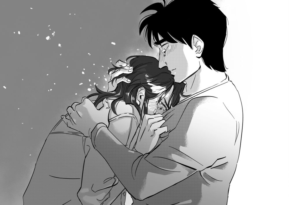 digital greyscale drawing of Murakami and Ichijou from the series Kaiji. Ichijou has his face buried in Murakami's shirt while he holds it tightly with his fists while crying. Murakami has one hand placed on Ichijou's back and the other in his hair. He looks to Ichijou with a worried expression and also has tears in his eyes.