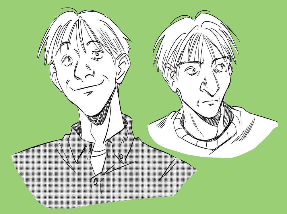 two digital sketches of busts of wolfgang grimmer. One he is smiling  and looking slightly upward. The second he looks more serious with a slightly furrowed brow and looking to the right and a small frown on his face.