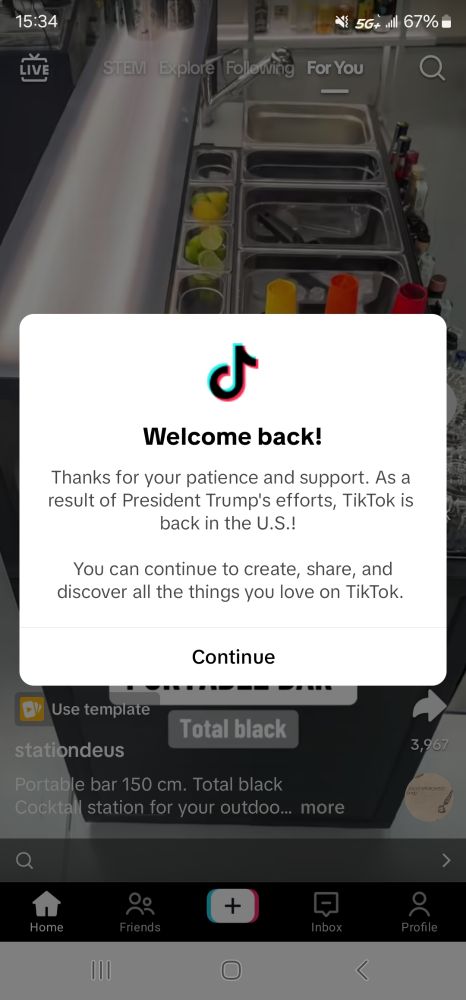 Tiktok welcome back notice praising Trump